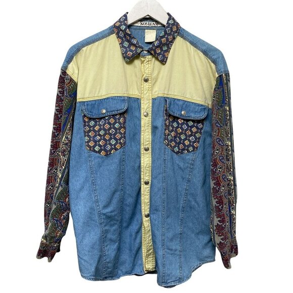Vintage Denim Shirt Large Patchwork Western Snap Buttons Blue Womens Button Up - Picture 1 of 13